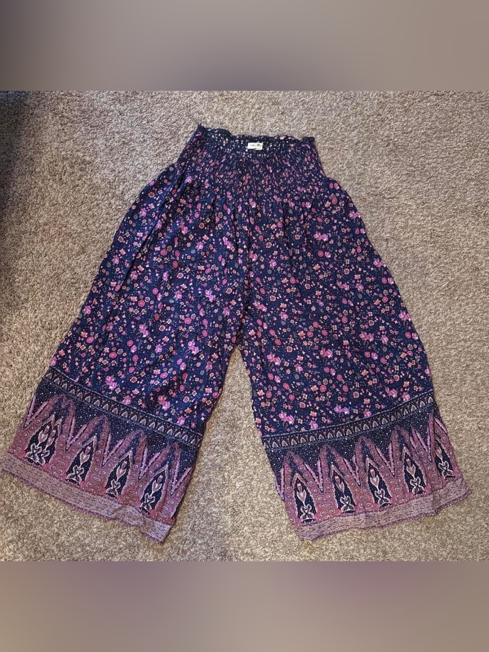 NATURAL LIFE Navy Wide-Leg Floral Palazzo Pants with Pink Accents